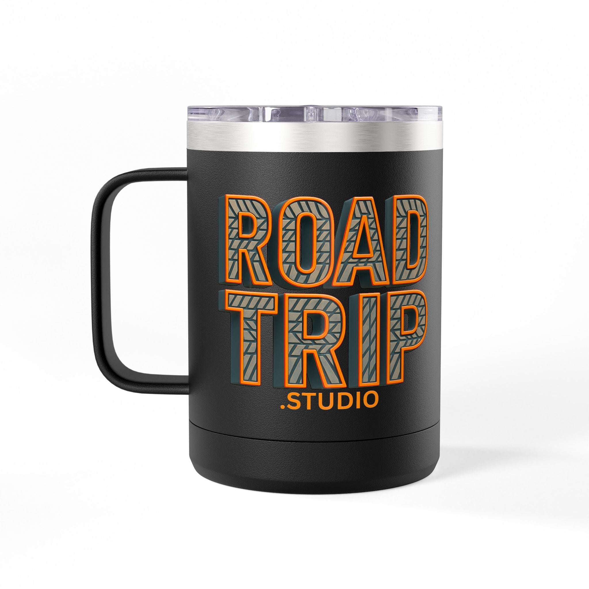 Road Trip Studio 15oz Travel Mug — Tire Tread Text Tumbler
