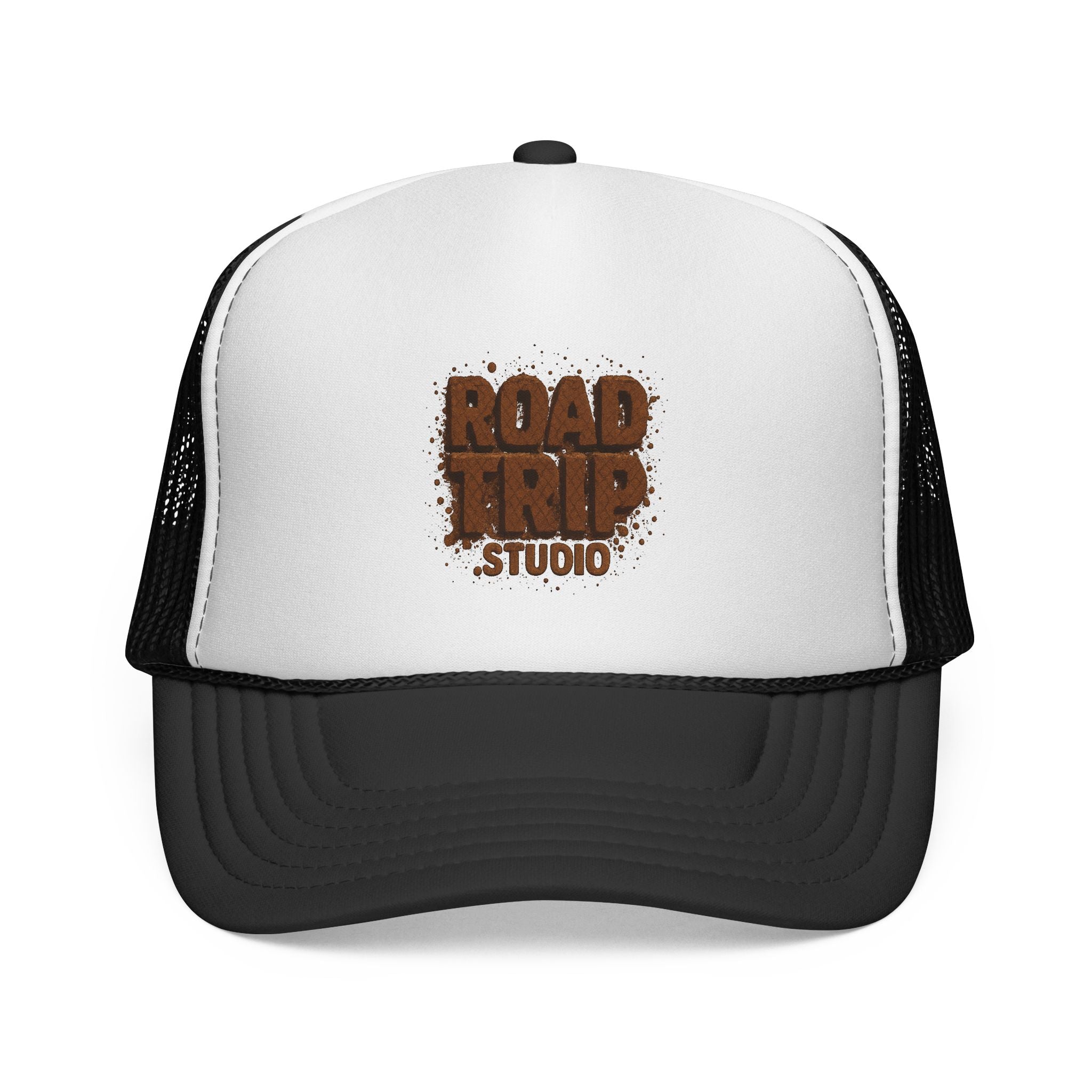 Road Trip Trucker Cap — Mud Splatter Text Mesh Hat