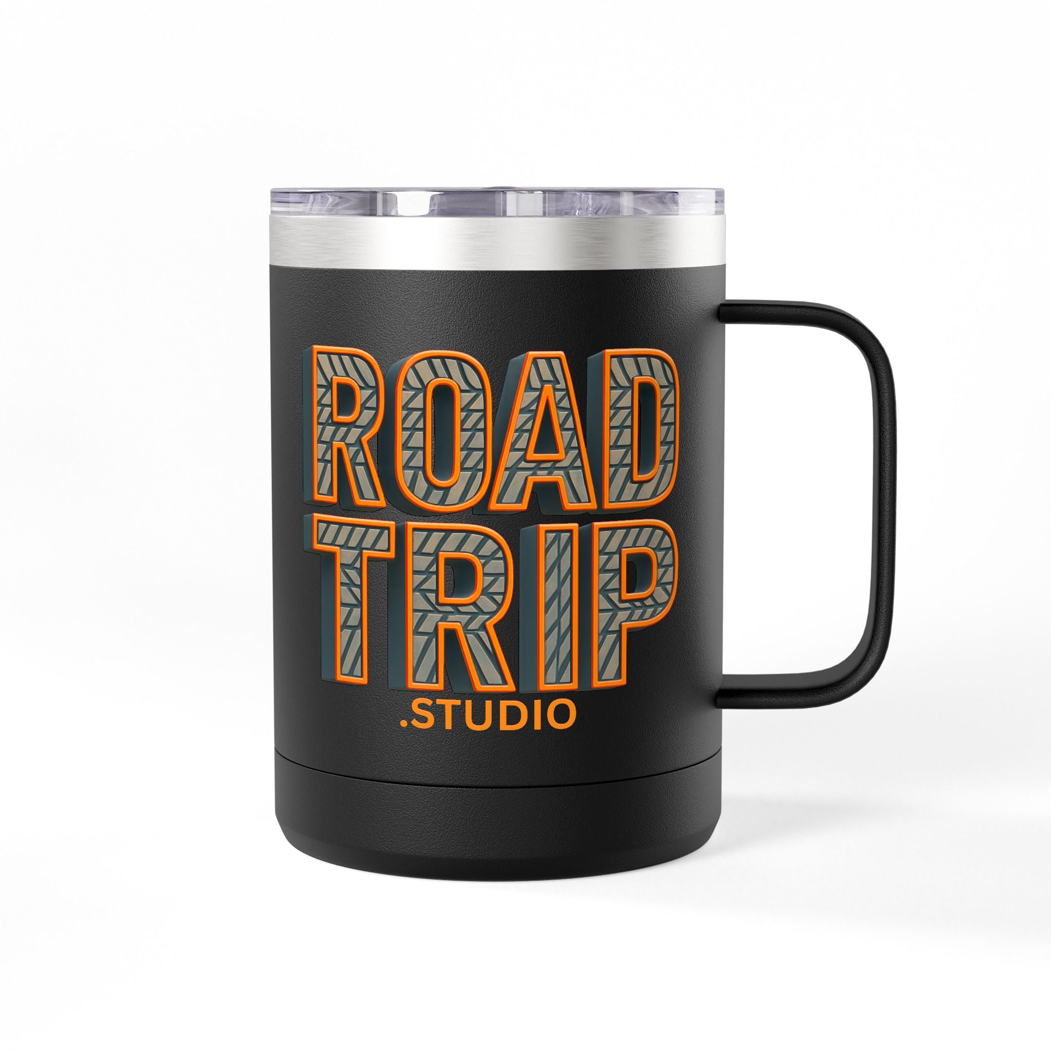 Road Trip Studio 15oz Travel Mug — Tire Tread Text Tumbler