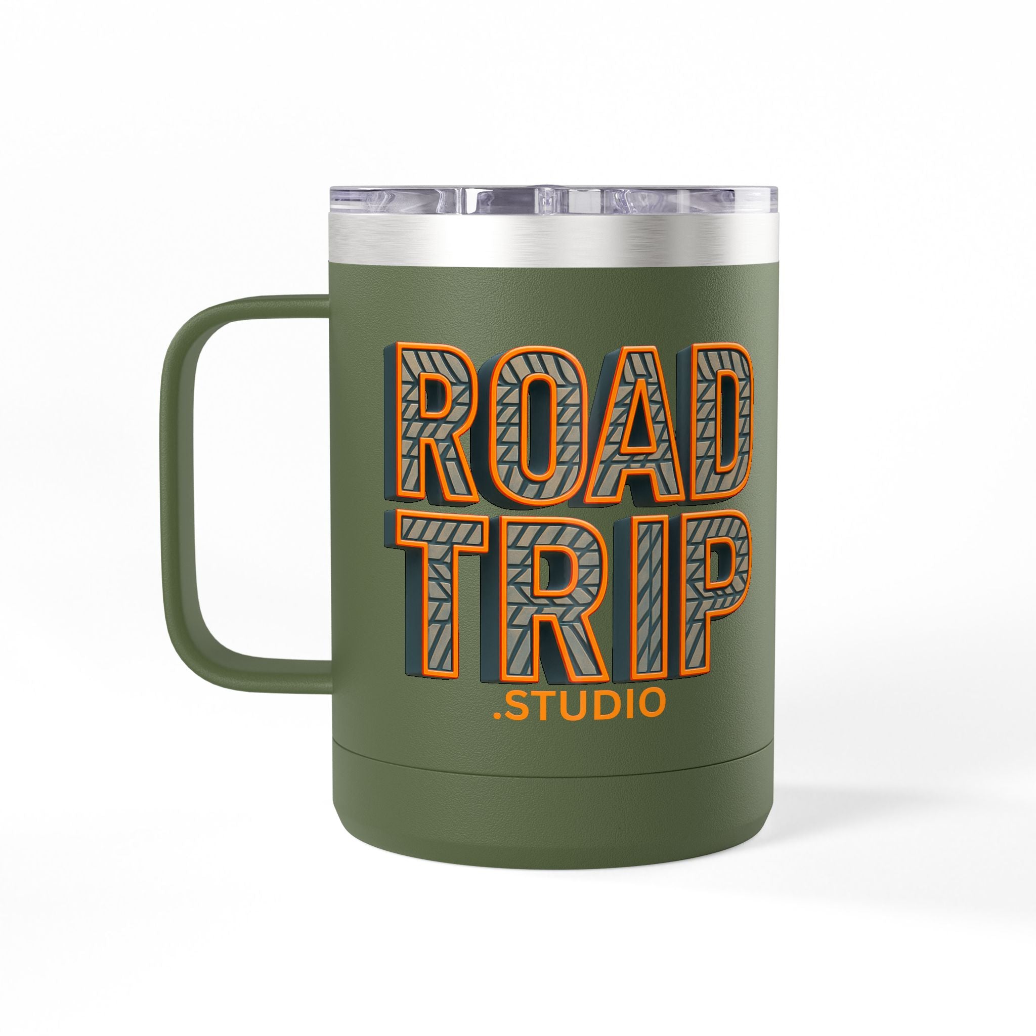 Road Trip Studio 15oz Travel Mug — Tire Tread Text Tumbler