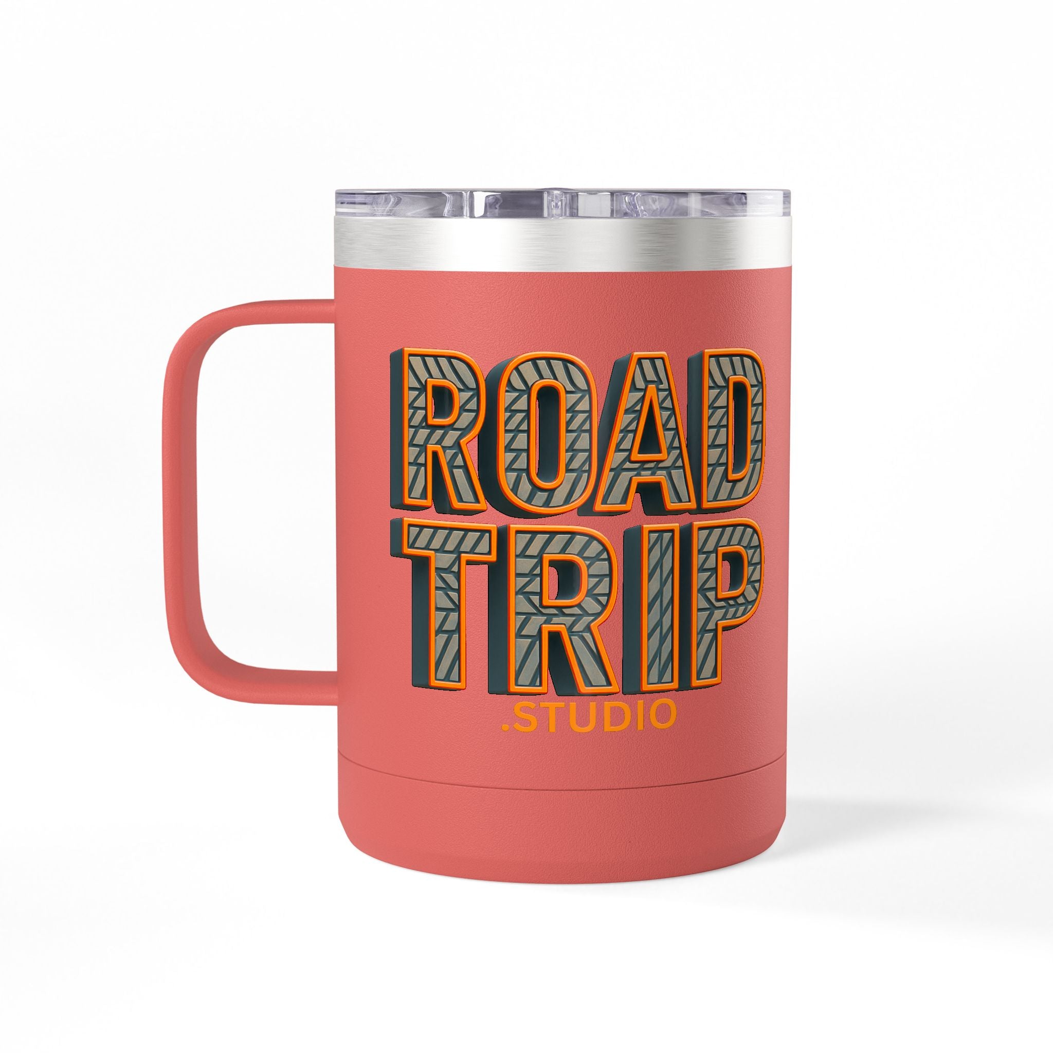 Road Trip Studio 15oz Travel Mug — Tire Tread Text Tumbler