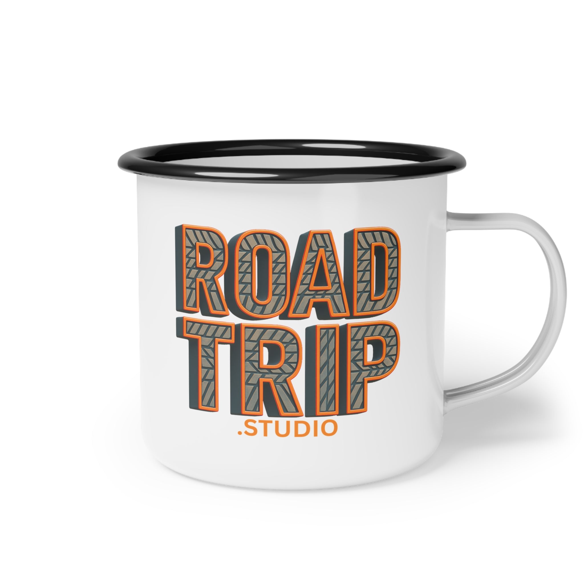 Road Trip Enamel Camp Cup — Road Trip Studio Tire Tread Text