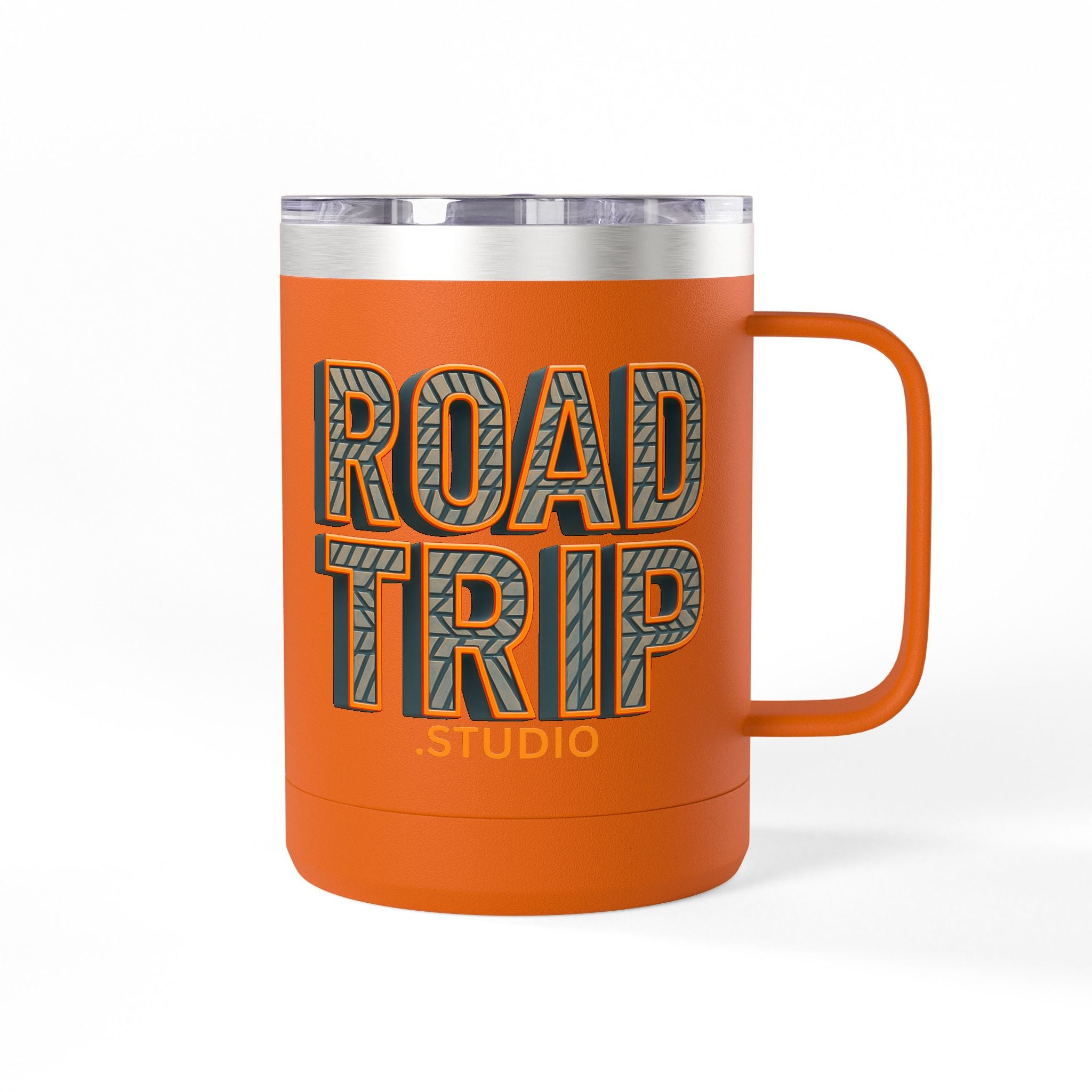 Road Trip Studio 15oz Travel Mug — Tire Tread Text Tumbler