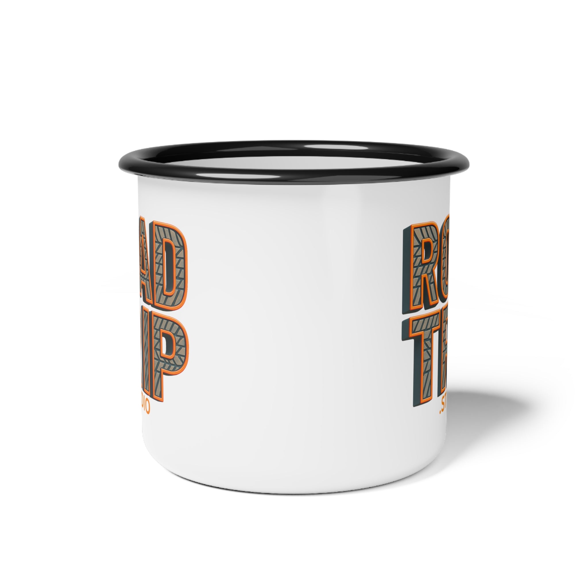 Road Trip Enamel Camp Cup — Road Trip Studio Tire Tread Text