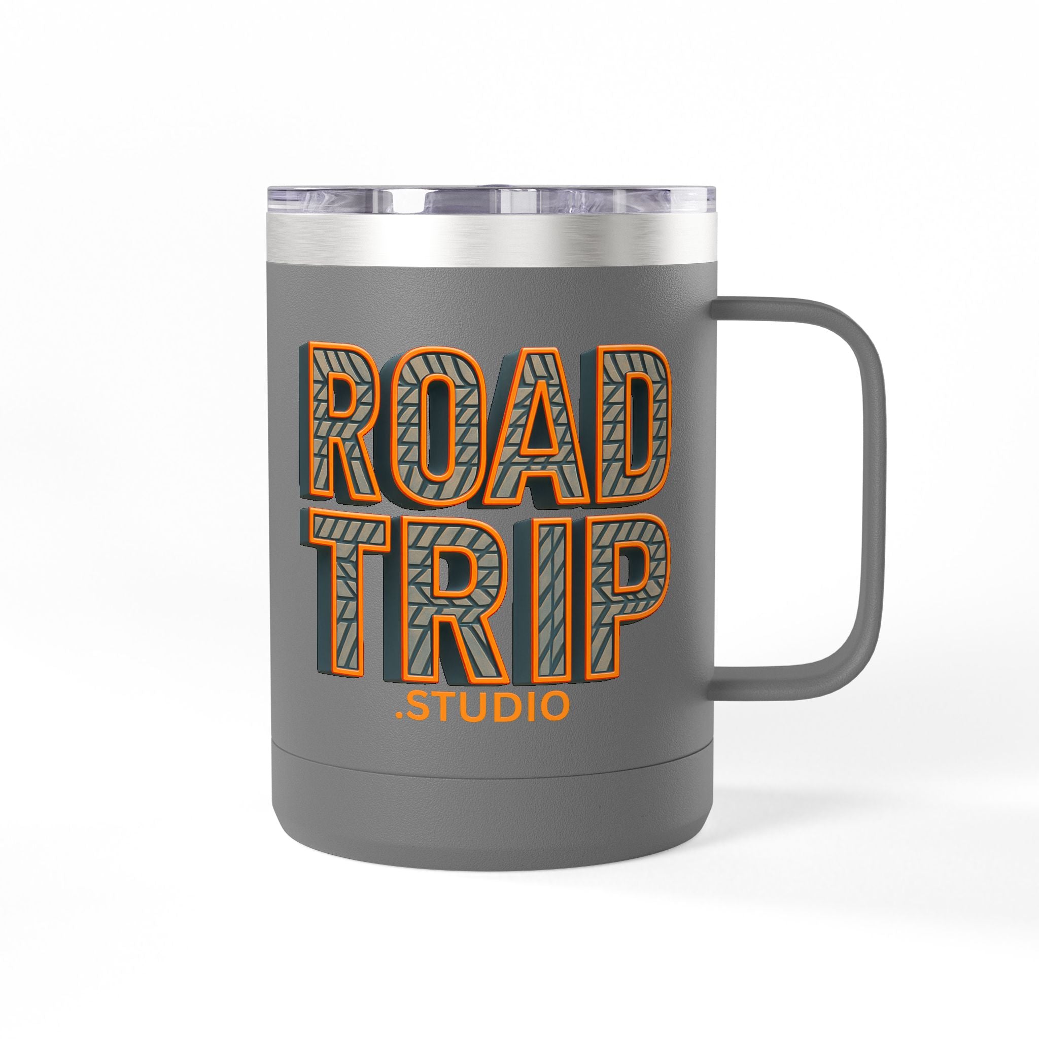 Road Trip Studio 15oz Travel Mug — Tire Tread Text Tumbler