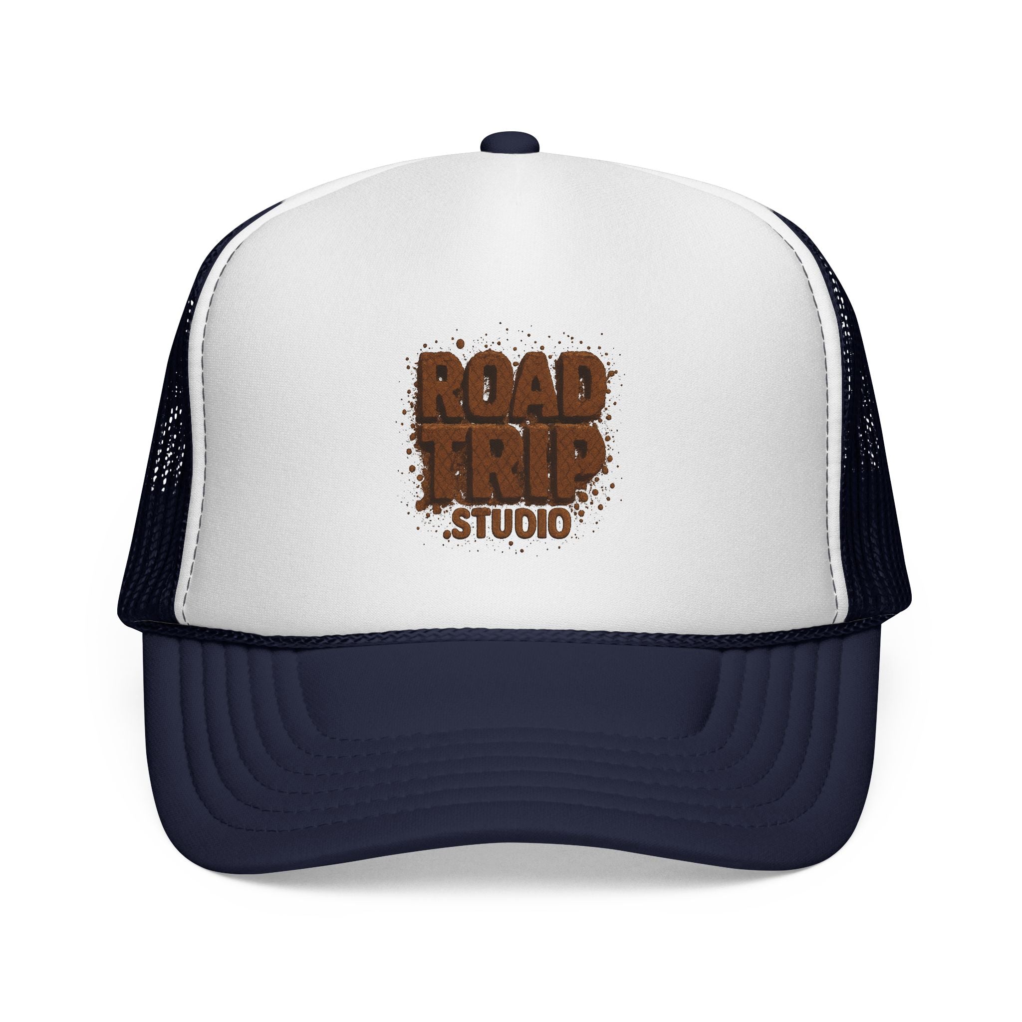Road Trip Trucker Cap — Mud Splatter Text Mesh Hat