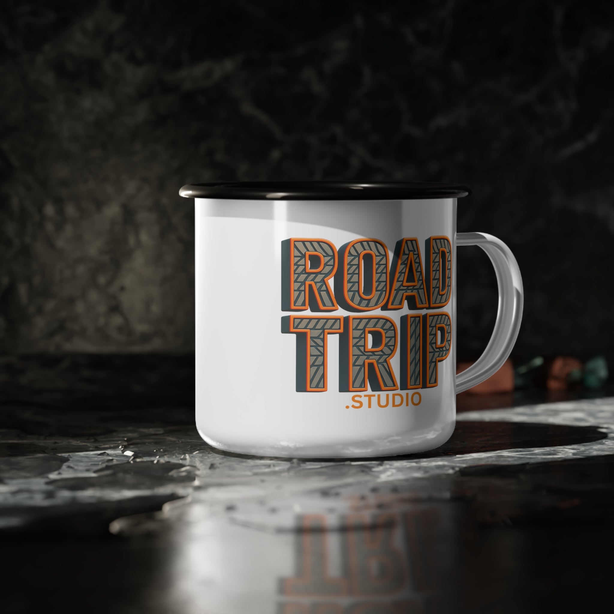 Road Trip Enamel Camp Cup — Road Trip Studio Tire Tread Text