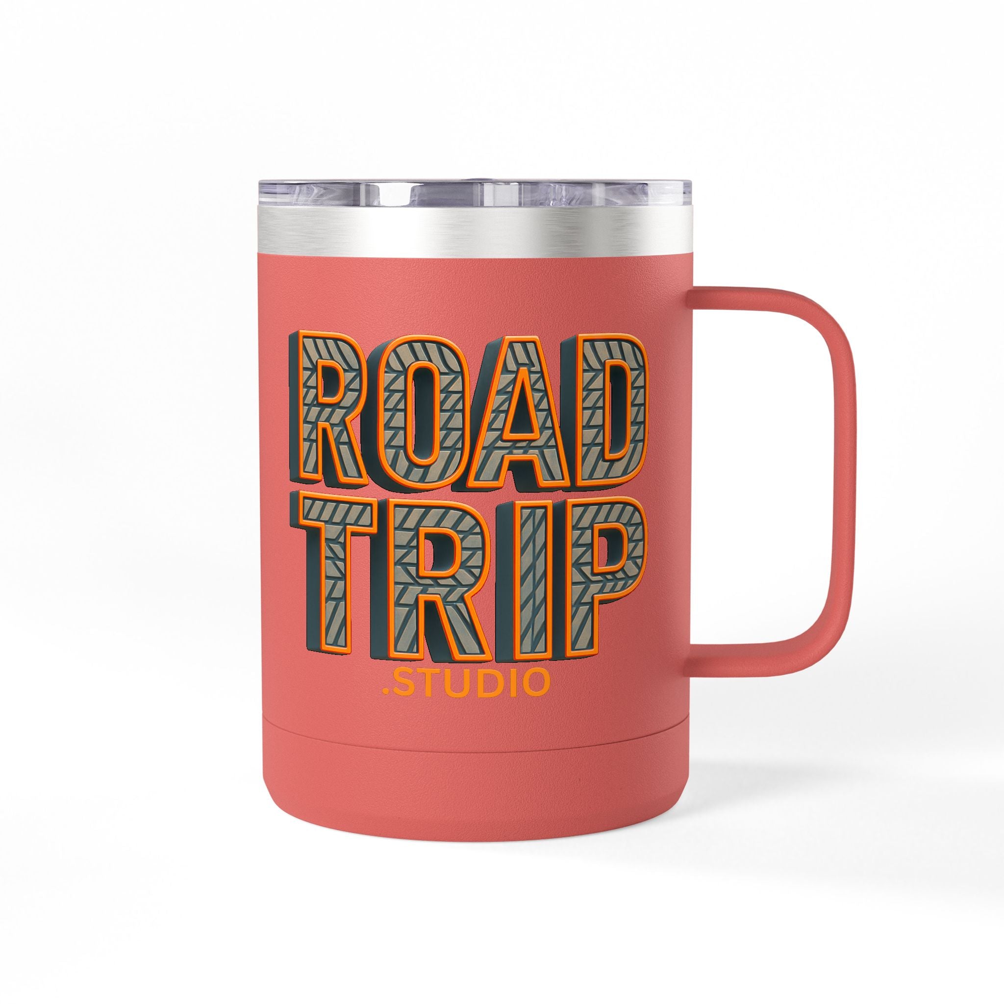 Road Trip Studio 15oz Travel Mug — Tire Tread Text Tumbler