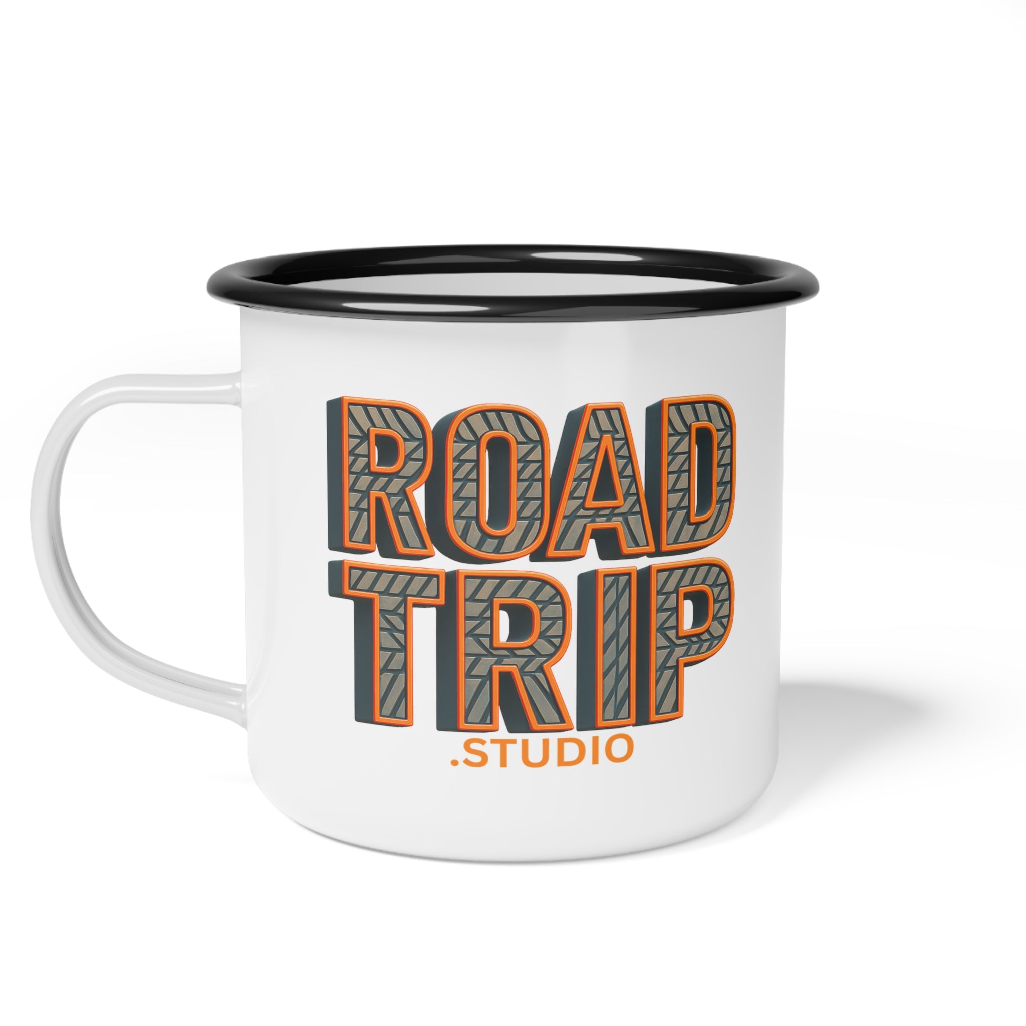 Road Trip Enamel Camp Cup — Road Trip Studio Tire Tread Text