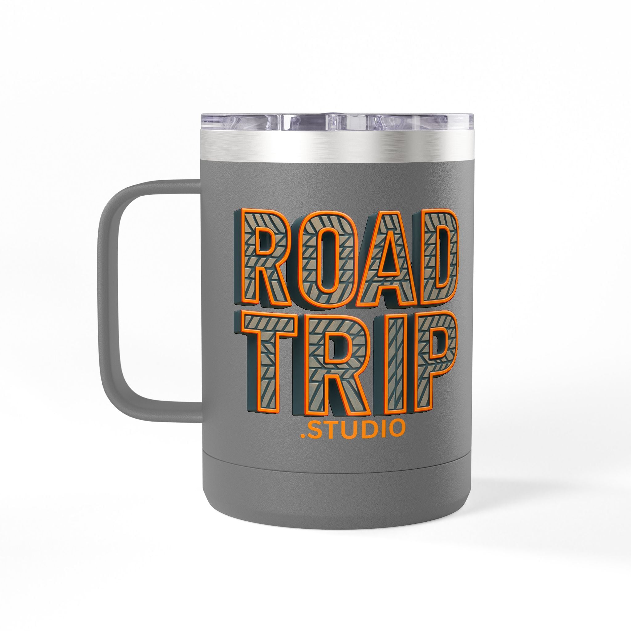 Road Trip Studio 15oz Travel Mug — Tire Tread Text Tumbler