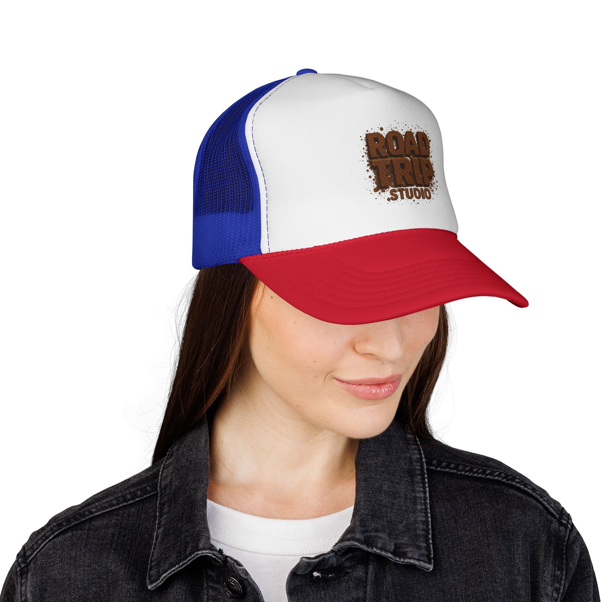 Road Trip Trucker Cap — Mud Splatter Text Mesh Hat