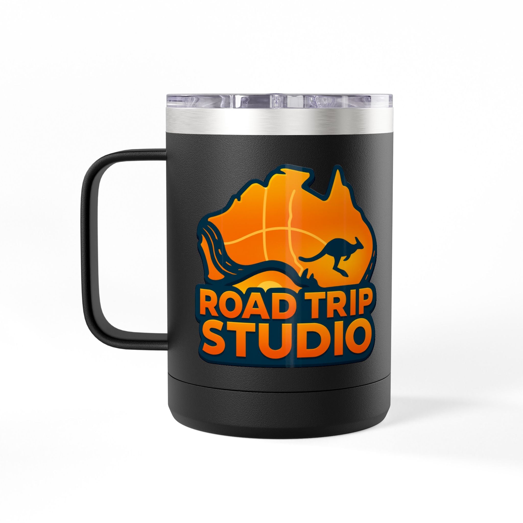 Road Trip Studio 15oz Travel Mug — Australian Map & Kangaroo Logo Tumbler