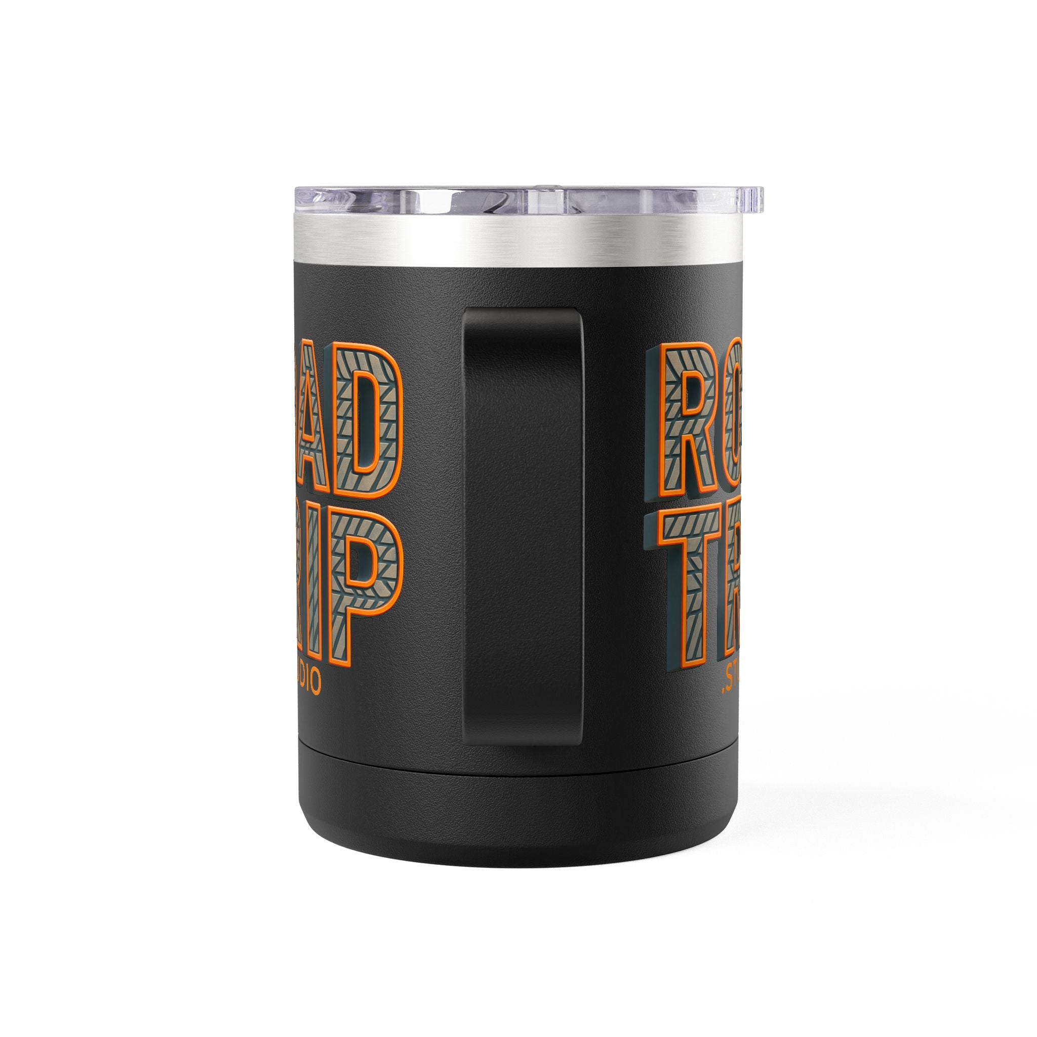Road Trip Studio 15oz Travel Mug — Tire Tread Text Tumbler
