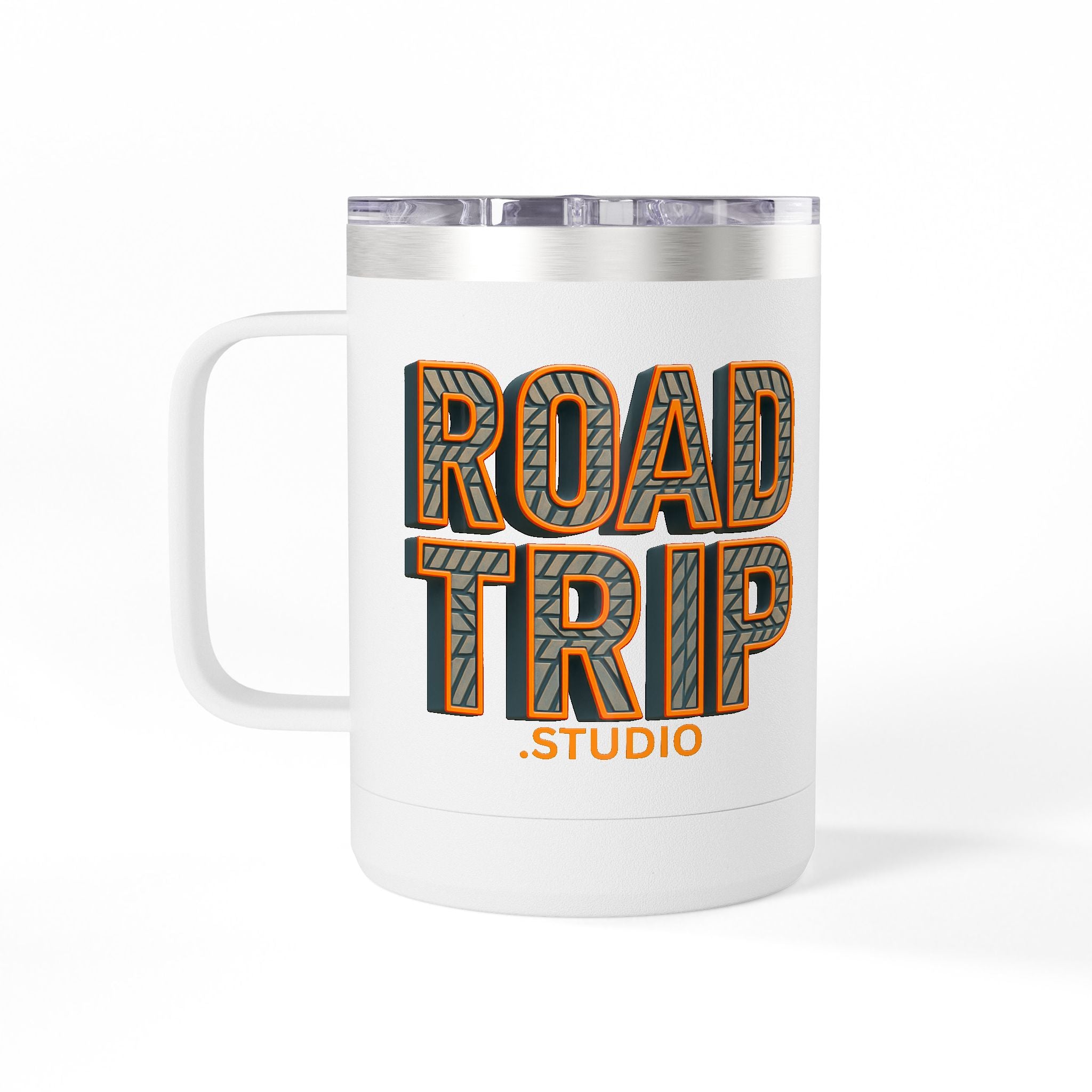 Road Trip Studio 15oz Travel Mug — Tire Tread Text Tumbler