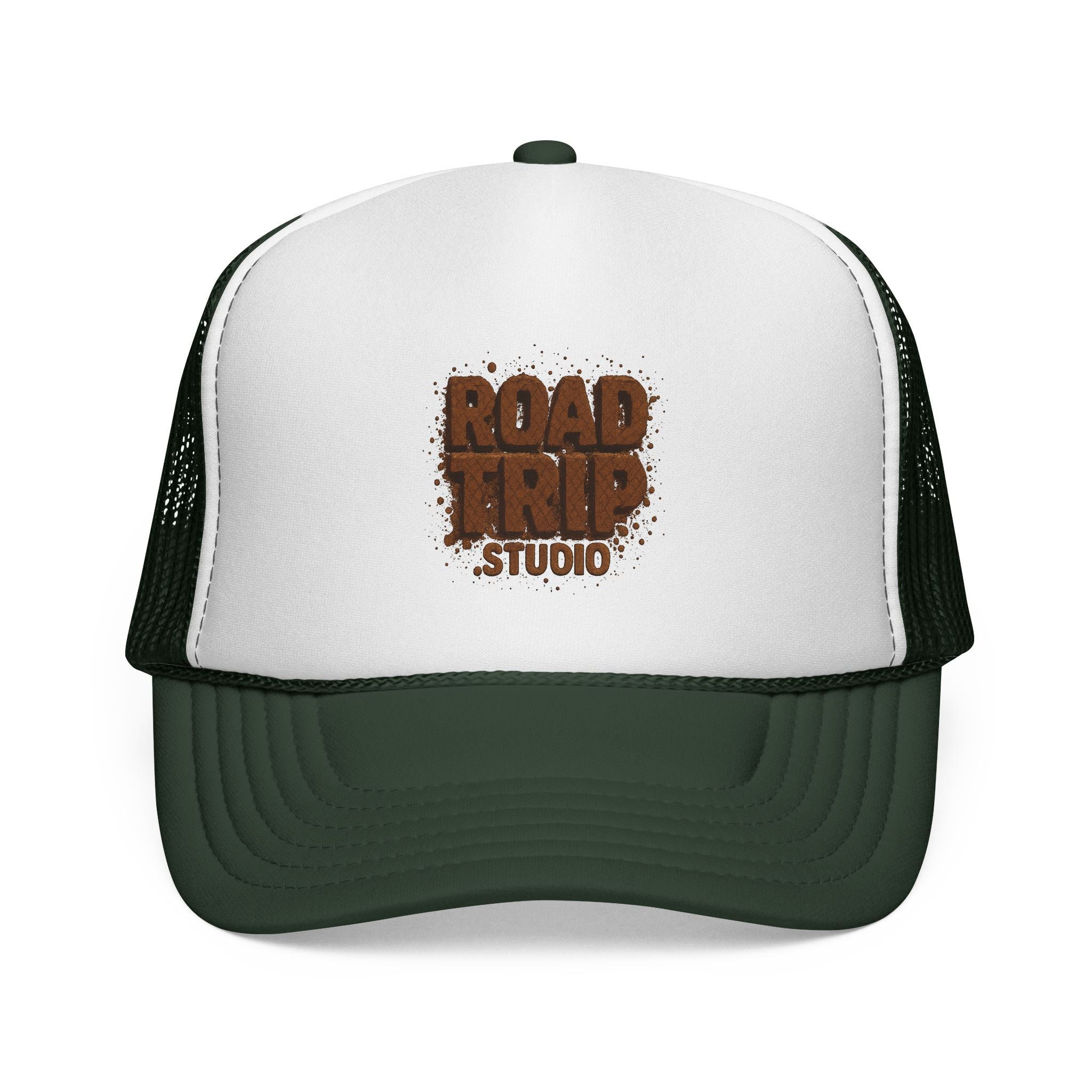 Road Trip Trucker Cap — Mud Splatter Text Mesh Hat