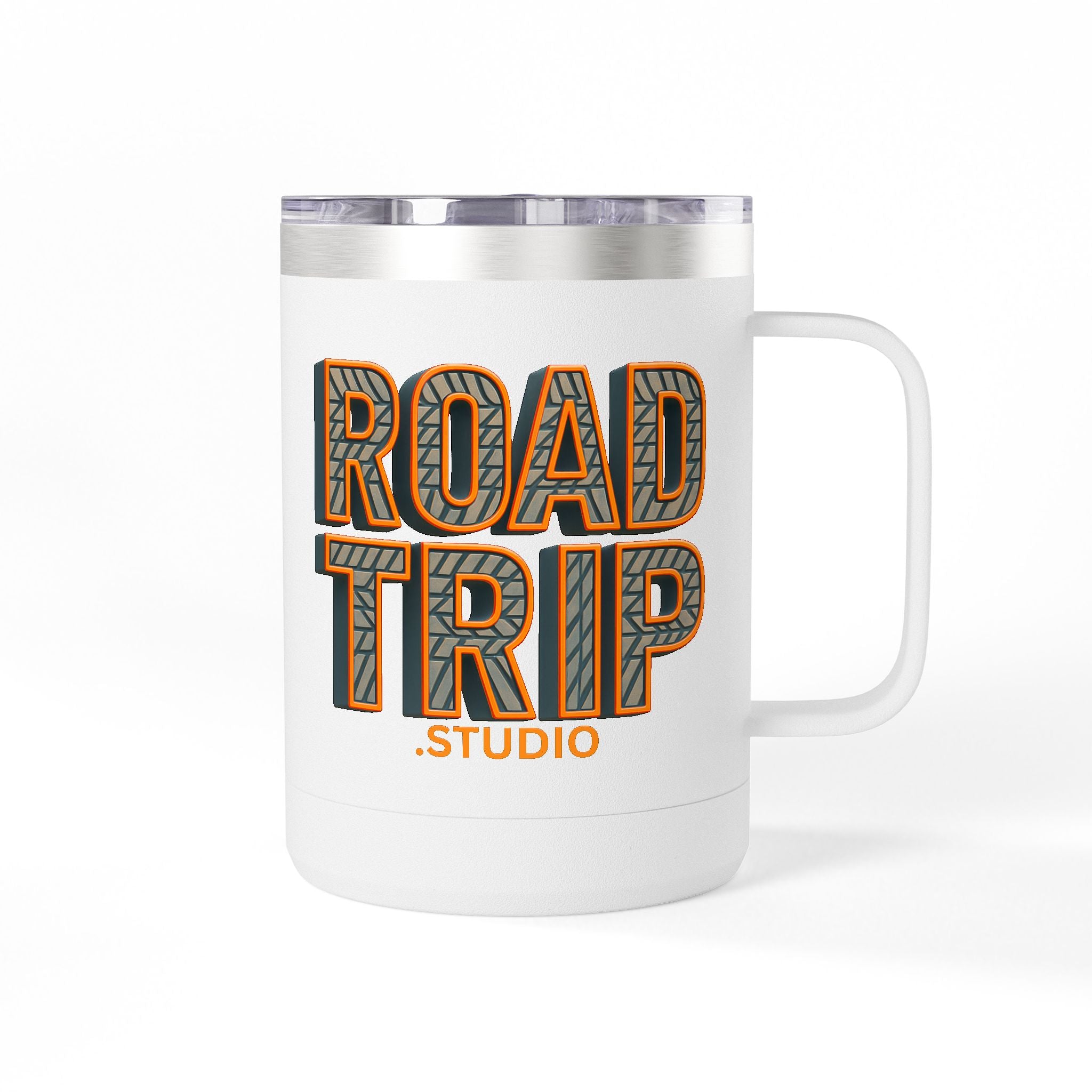 Road Trip Studio 15oz Travel Mug — Tire Tread Text Tumbler