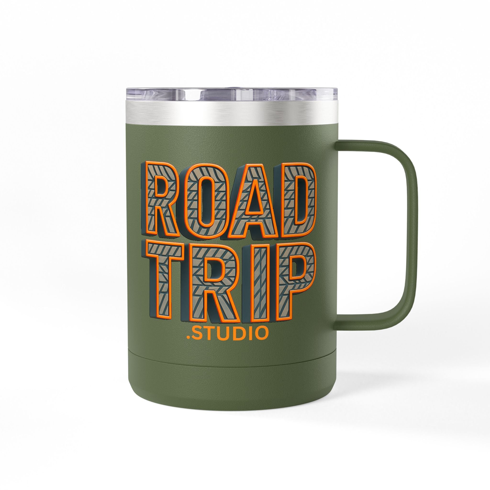 Road Trip Studio 15oz Travel Mug — Tire Tread Text Tumbler