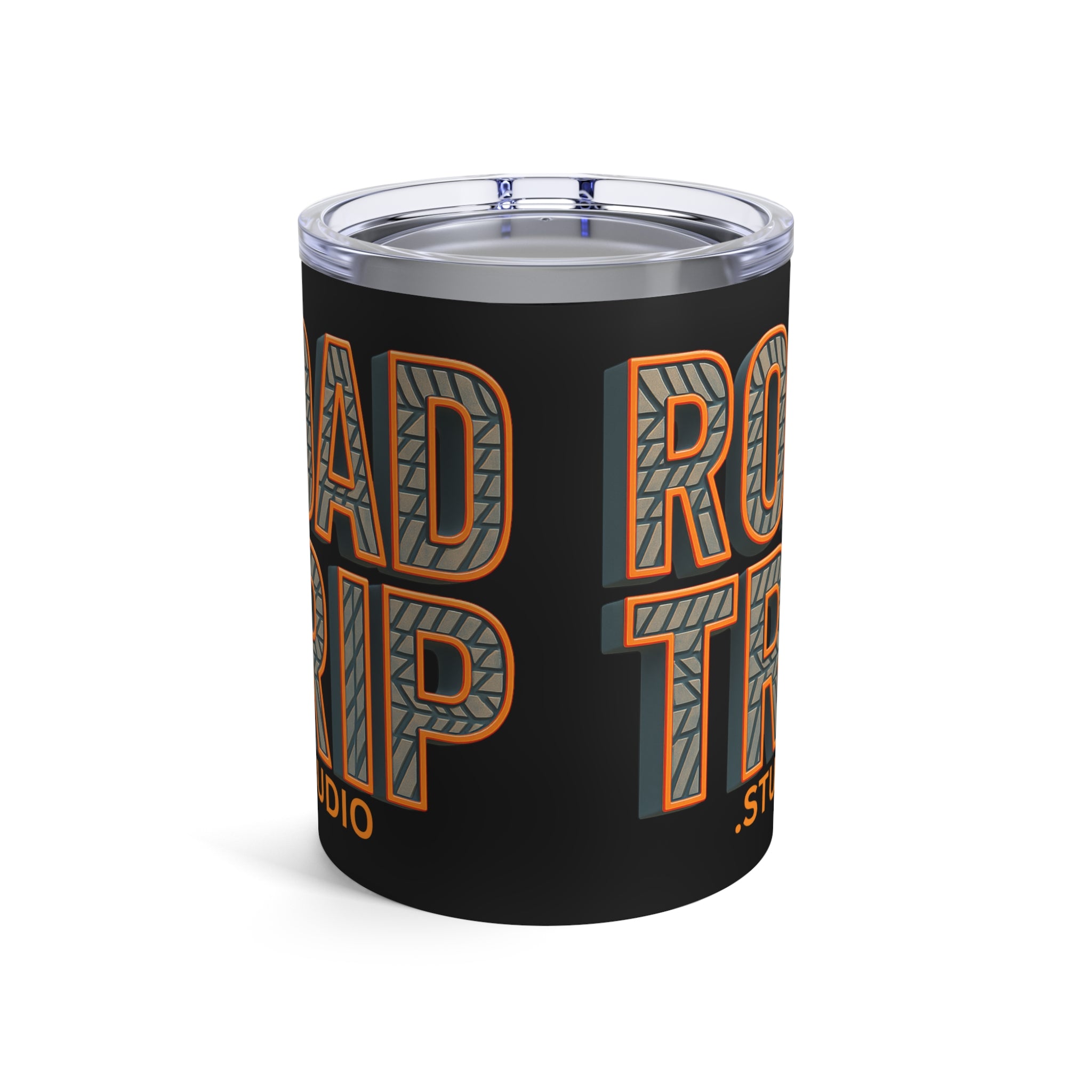 10oz Road Trip Tire Tread Text Tumbler — Retro Adventure Coffee Canister