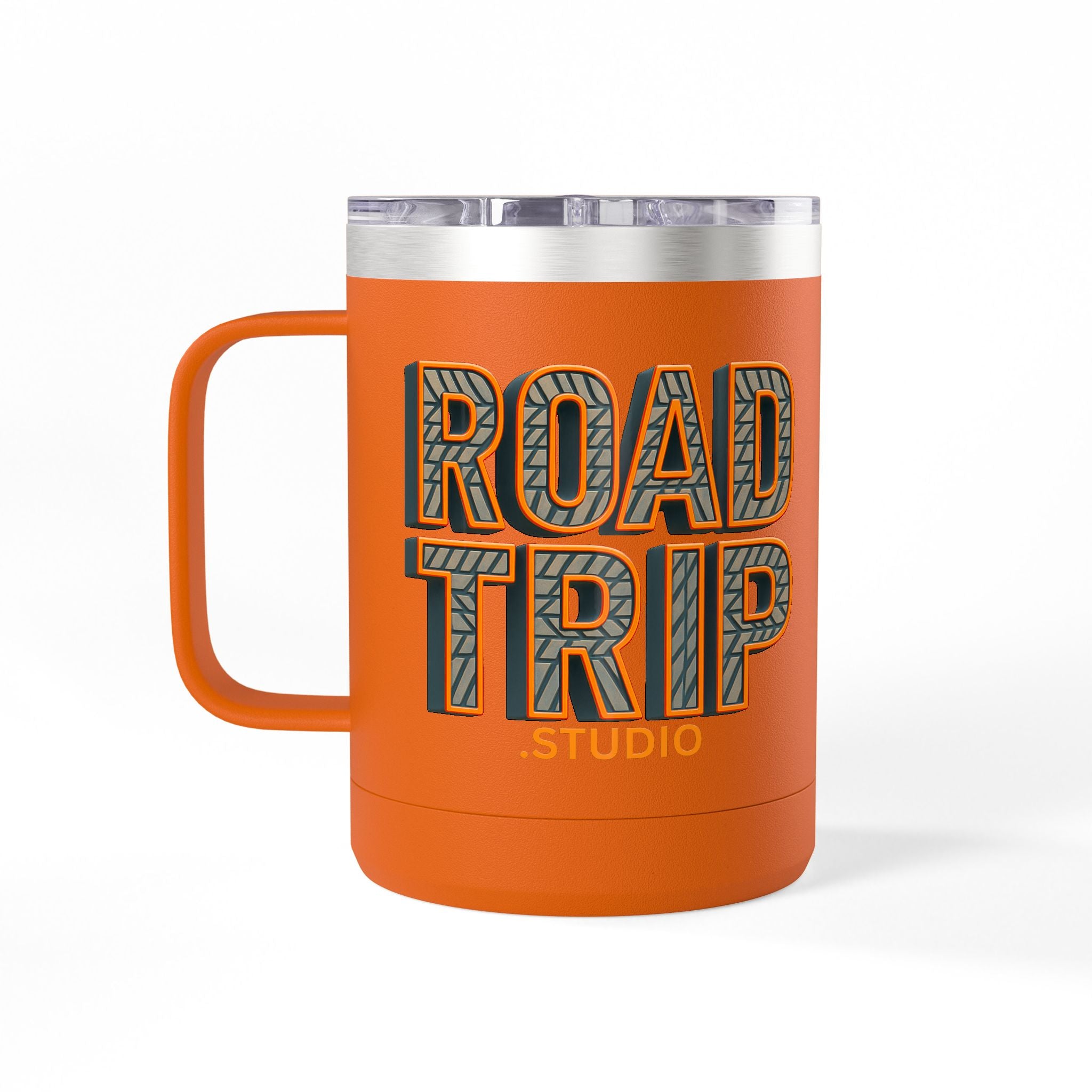 Road Trip Studio 15oz Travel Mug — Tire Tread Text Tumbler