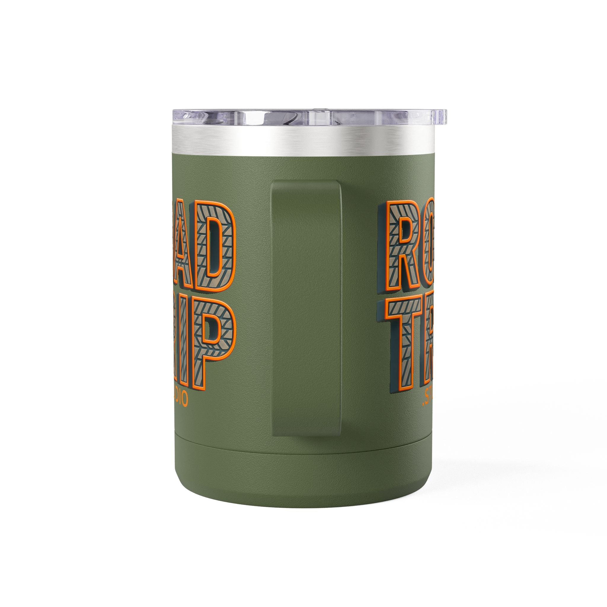 Road Trip Studio 15oz Travel Mug — Tire Tread Text Tumbler