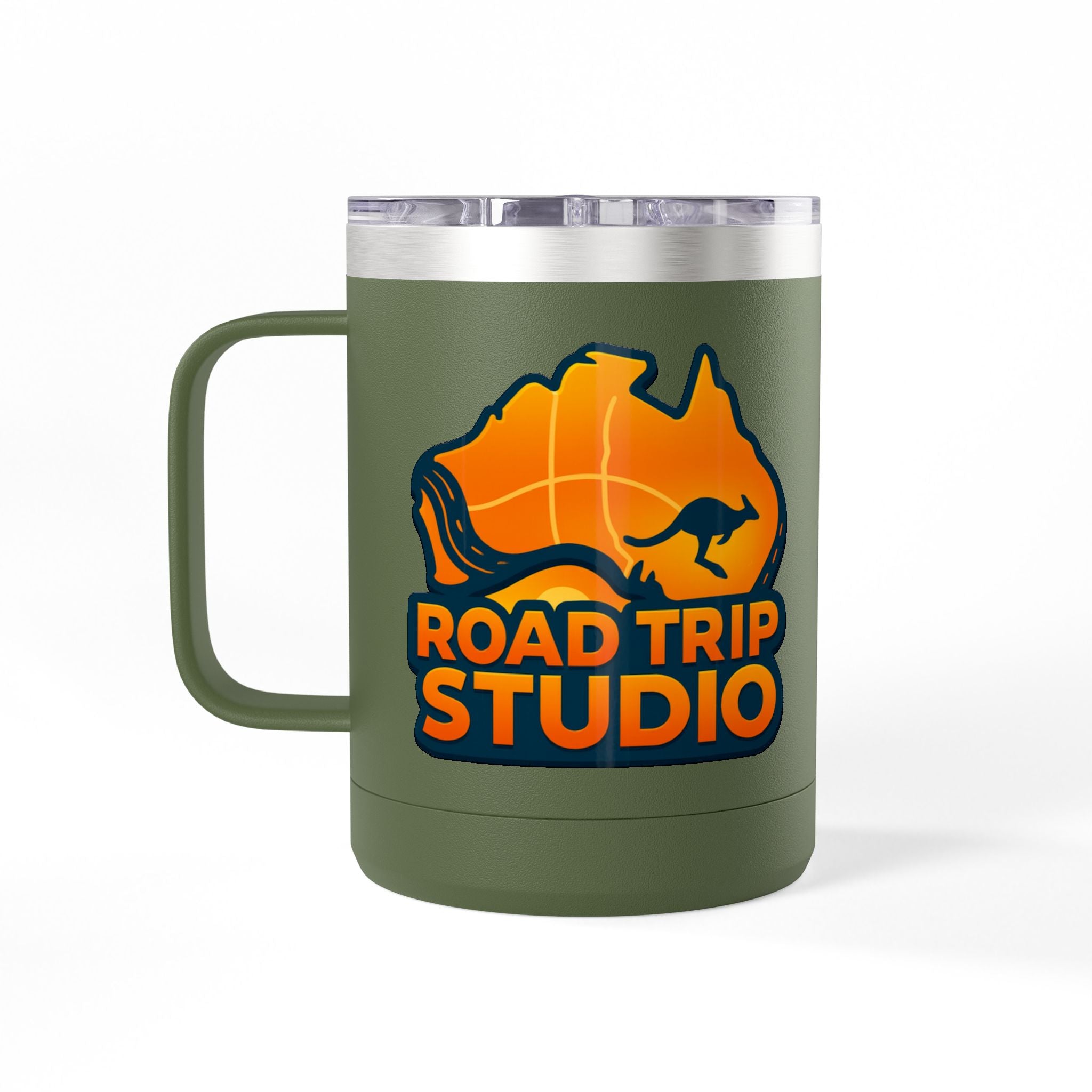 Road Trip Studio 15oz Travel Mug — Australian Map & Kangaroo Logo Tumbler