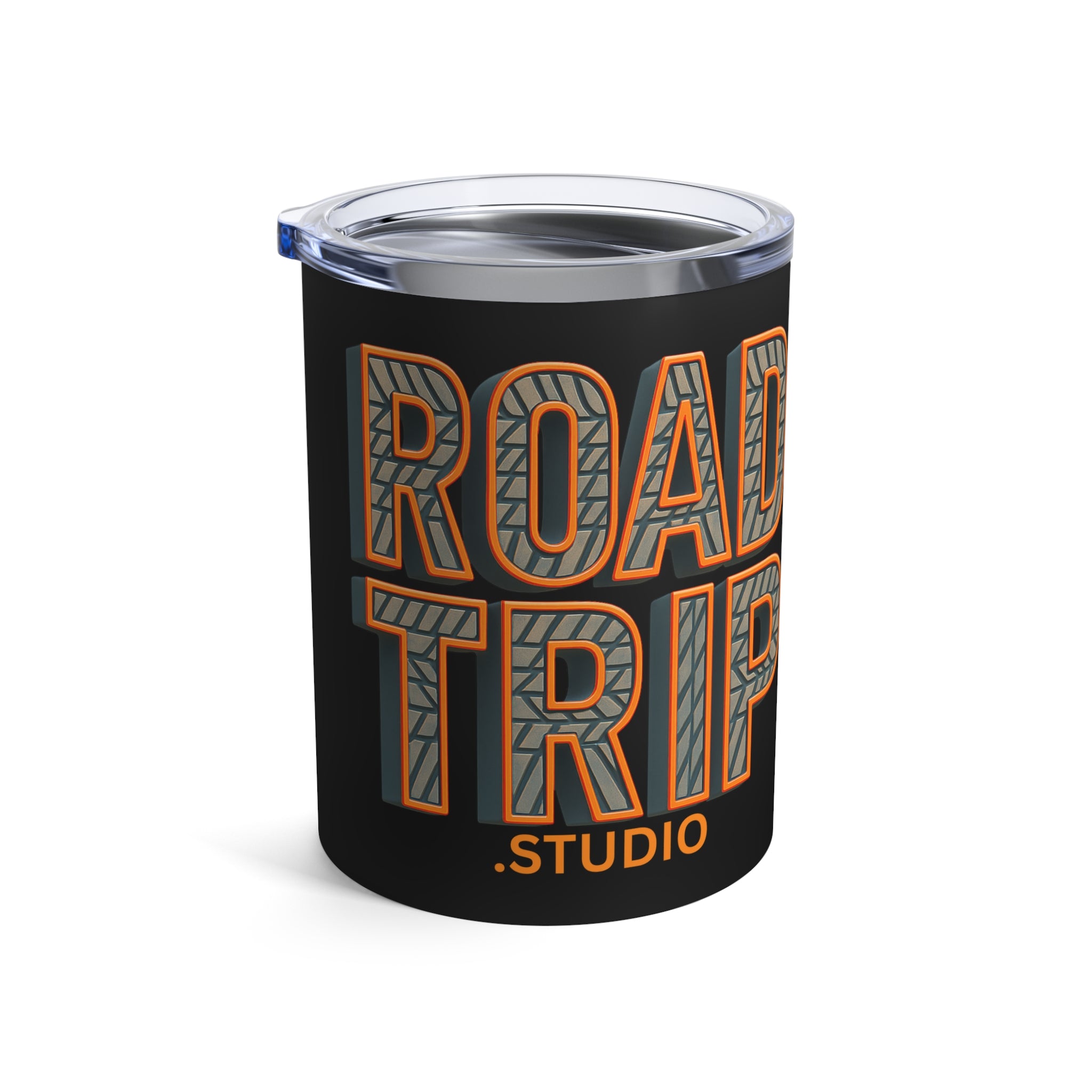 10oz Road Trip Tire Tread Text Tumbler — Retro Adventure Coffee Canister