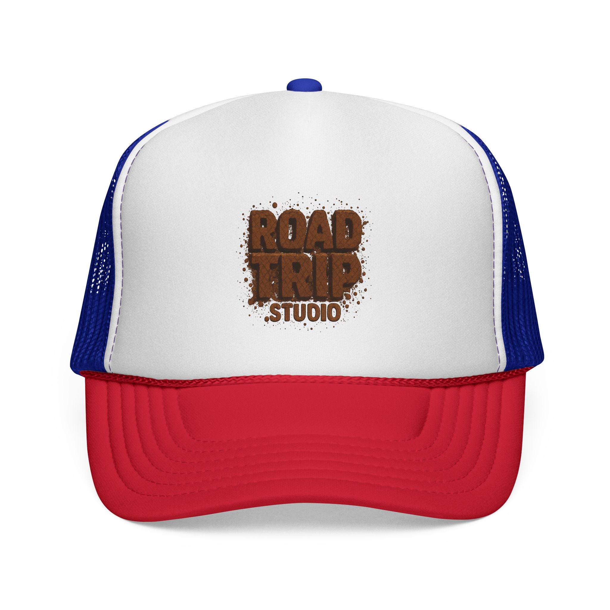 Road Trip Trucker Cap — Mud Splatter Text Mesh Hat