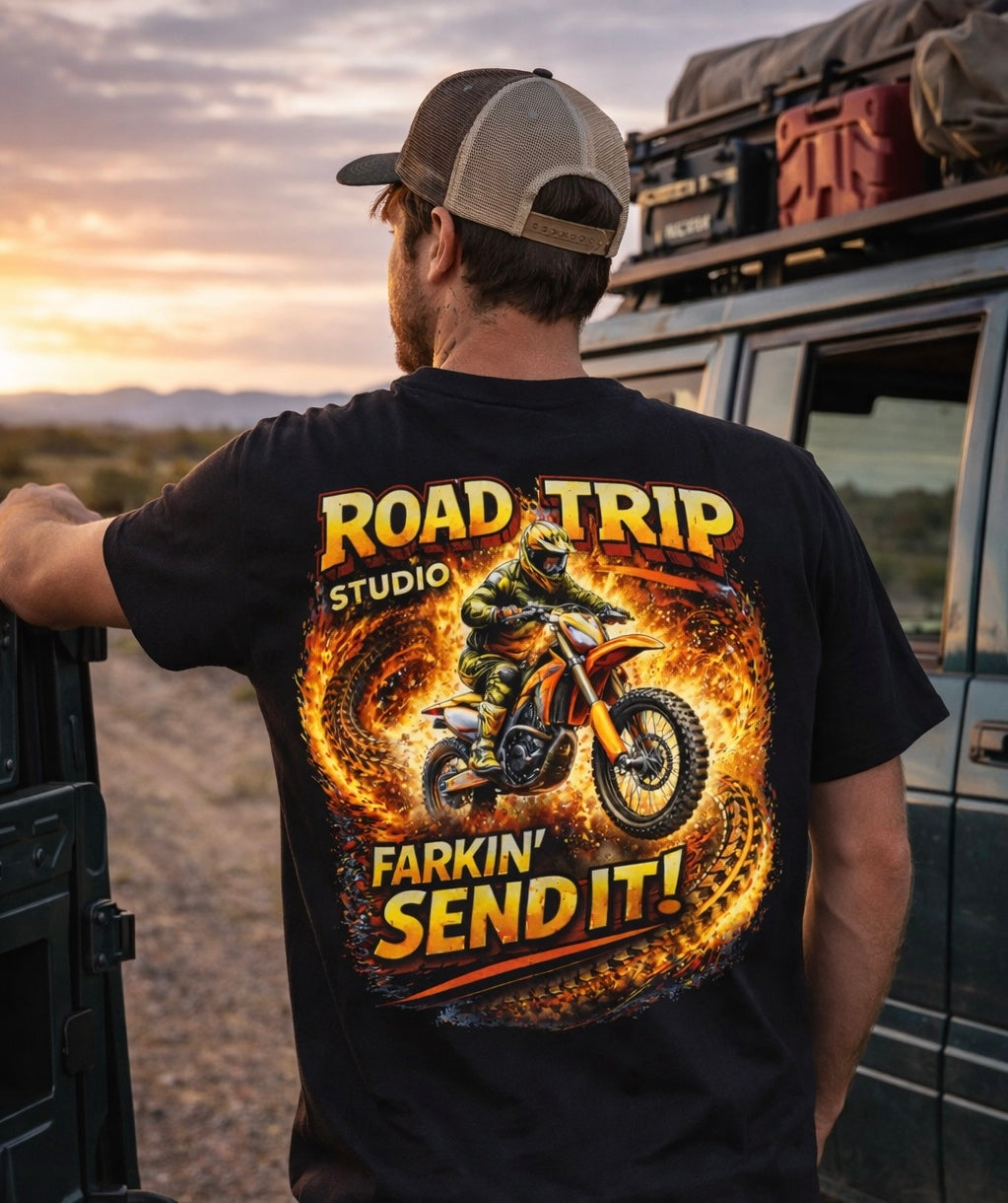 Farkin’ Send It Motocross Bike T-Shirt - Official Road Trip Merch